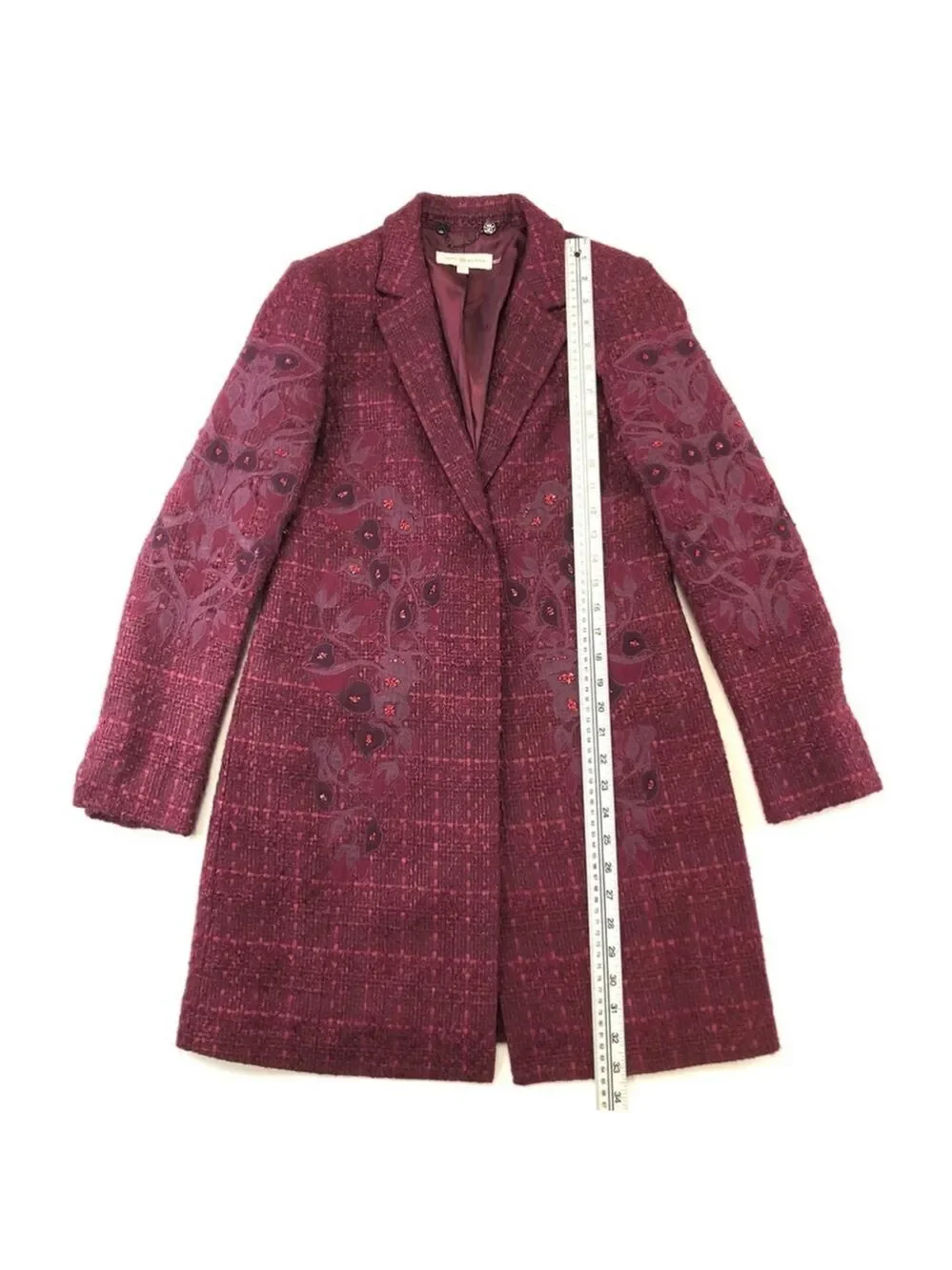 Tory Burch Patsy Glazed Tweed dark plum long line coat Size 2 appliqué embellish